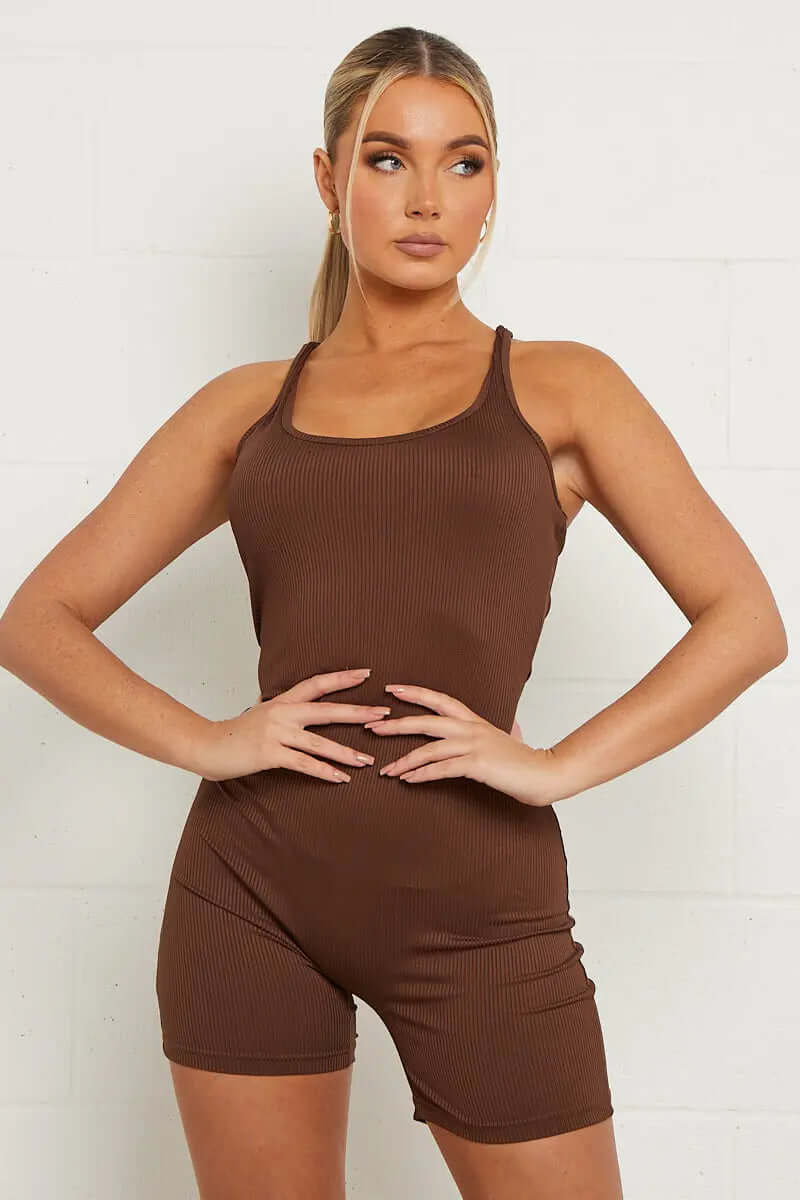 Ribbed Playsuit Brown